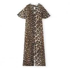 Ganni Leopard Sheer Voile Long Dress Brown
