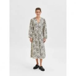 Selected Femme Slfbeth Ls Aop Midi Dress Kjole Beige