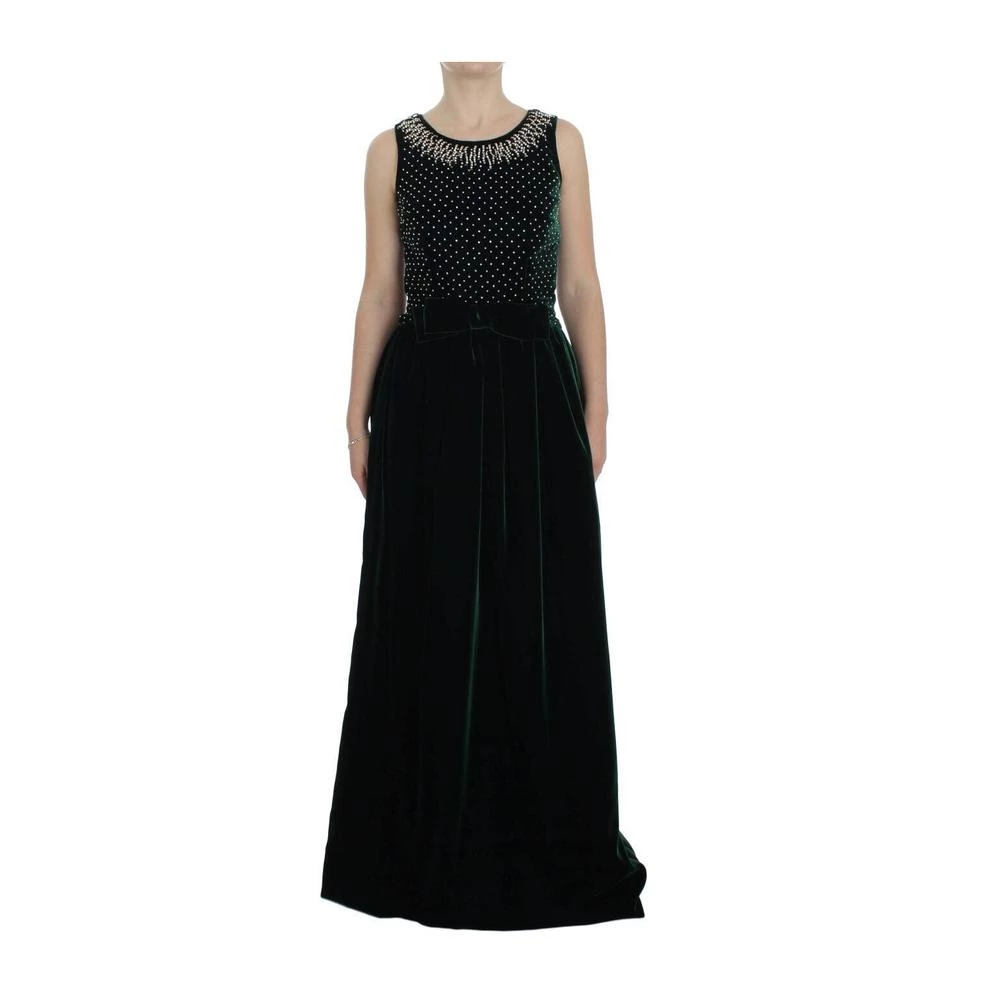 Dolce & Gabbana Velvet Crystal Long Maxi Dress Green 1 Dolce & Gabbana Velvet Crystal Long Maxi Dress Green