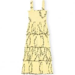 Ganni Pleated Georgette Flounce Smock Midi Dress Yellow