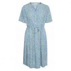 Lys Blå Cream Crfarina Midikjole Med Korte Ermer Og Knyting I Livet -Lys Blå Medgult Og Blått Print Kjoler Blue