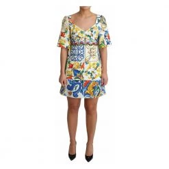 Dolce & Gabbana Majolica Silk Cotton Mini Gown Dress Yellow